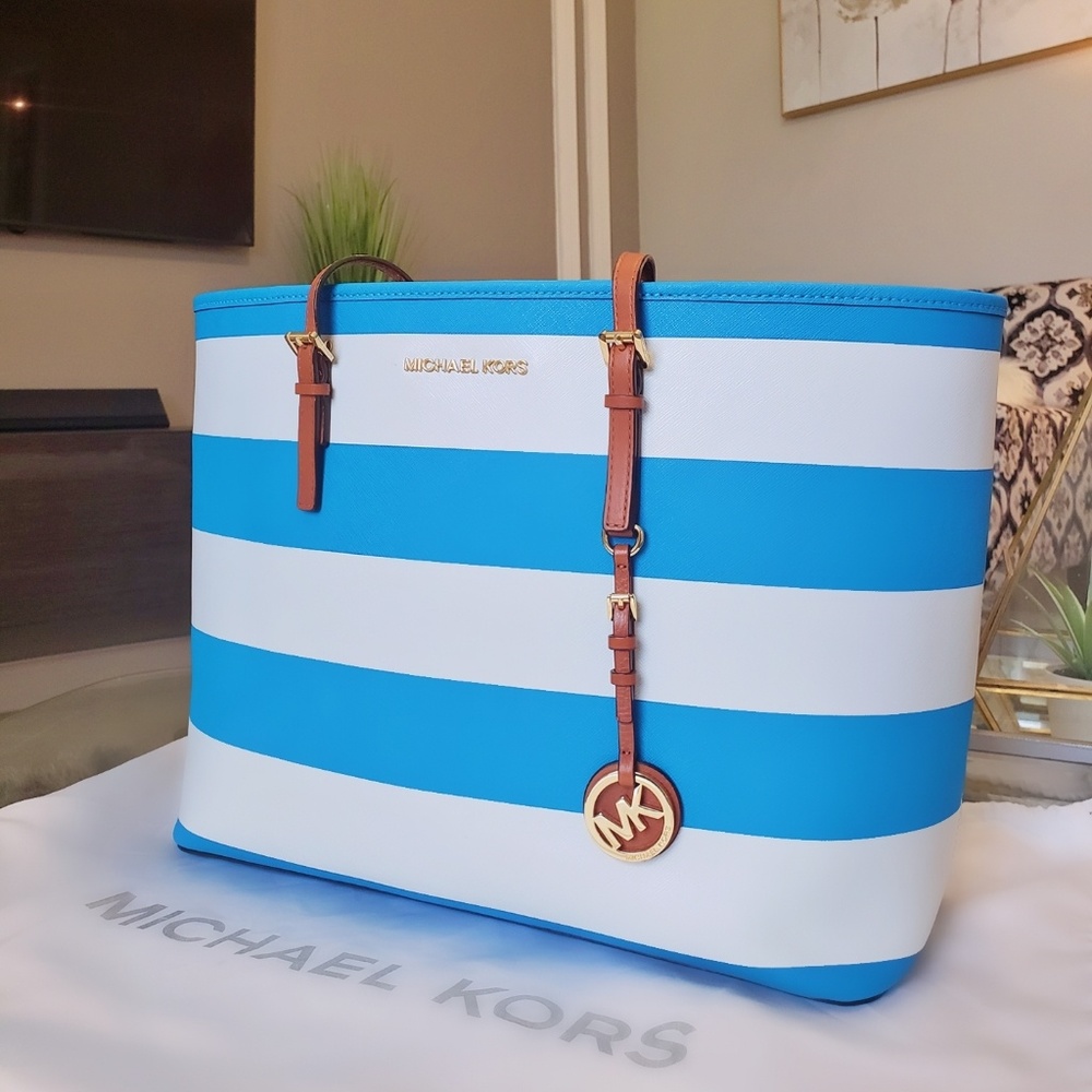 Michael kors blue and white nautica stripe tote